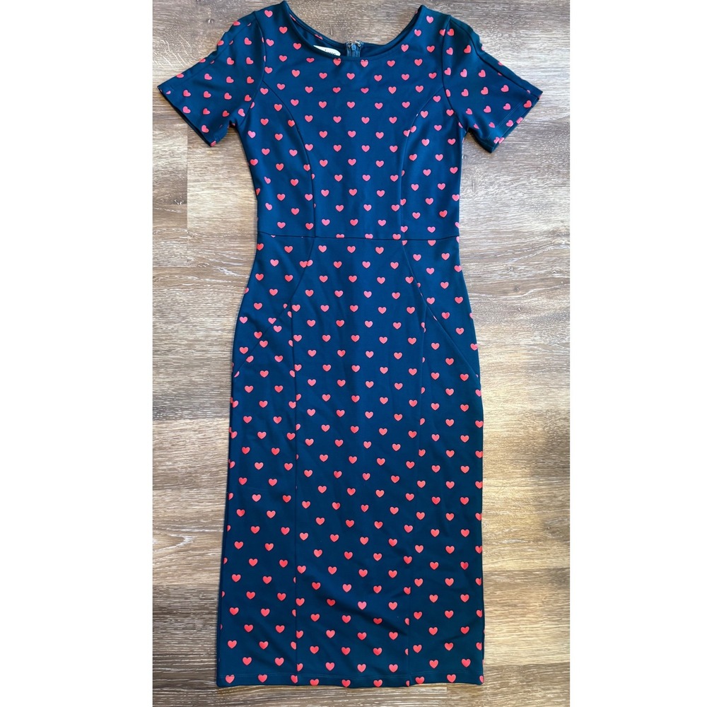 Unique Vintage Heart Print Sheath Dress Teal Red Retro Rockabilly Pockets Large
